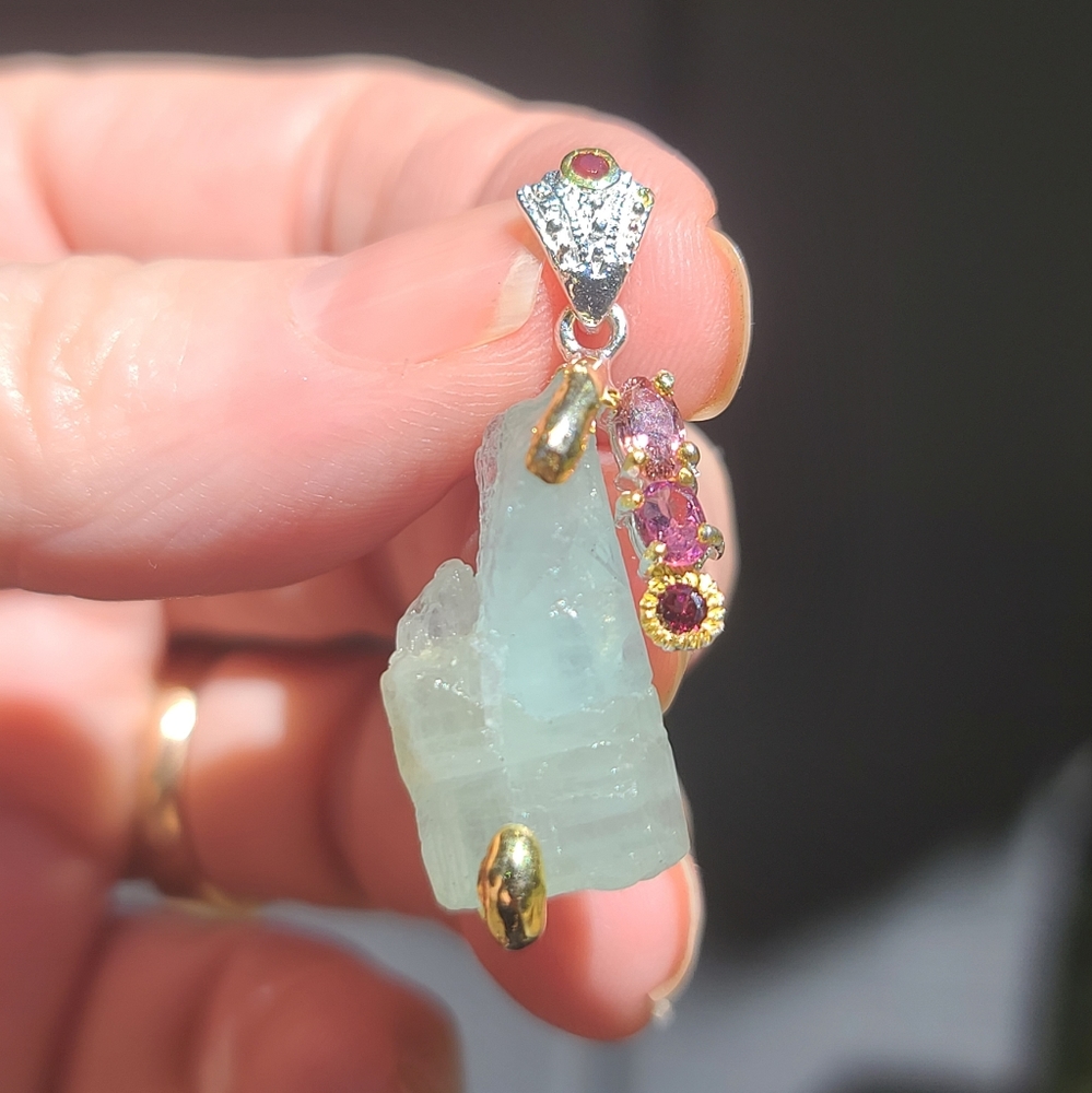 Aquamarine Ruby &Tourmaline Sterling&gold pendant - Picture 6 of 8